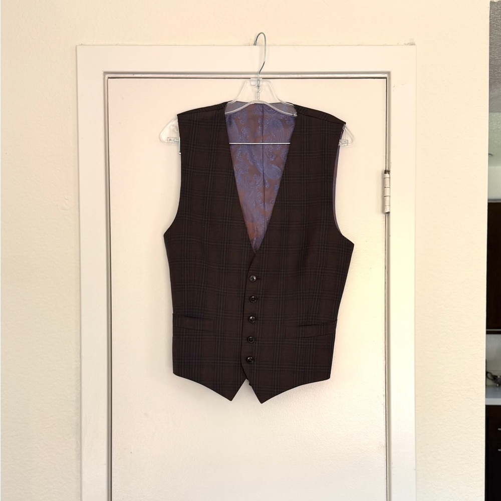 100% Wool Men's Brown Plaid Dress Vest - Classic Tailored Waistcoat